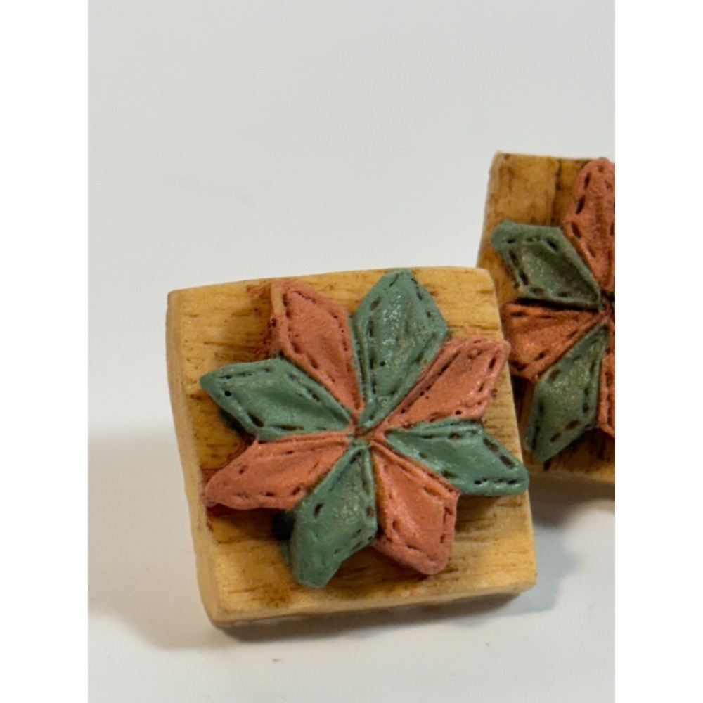 Cute Vintage Quilt Block in Resin Novelty Earrings Stocking Stuffer - Picture 4 of 7